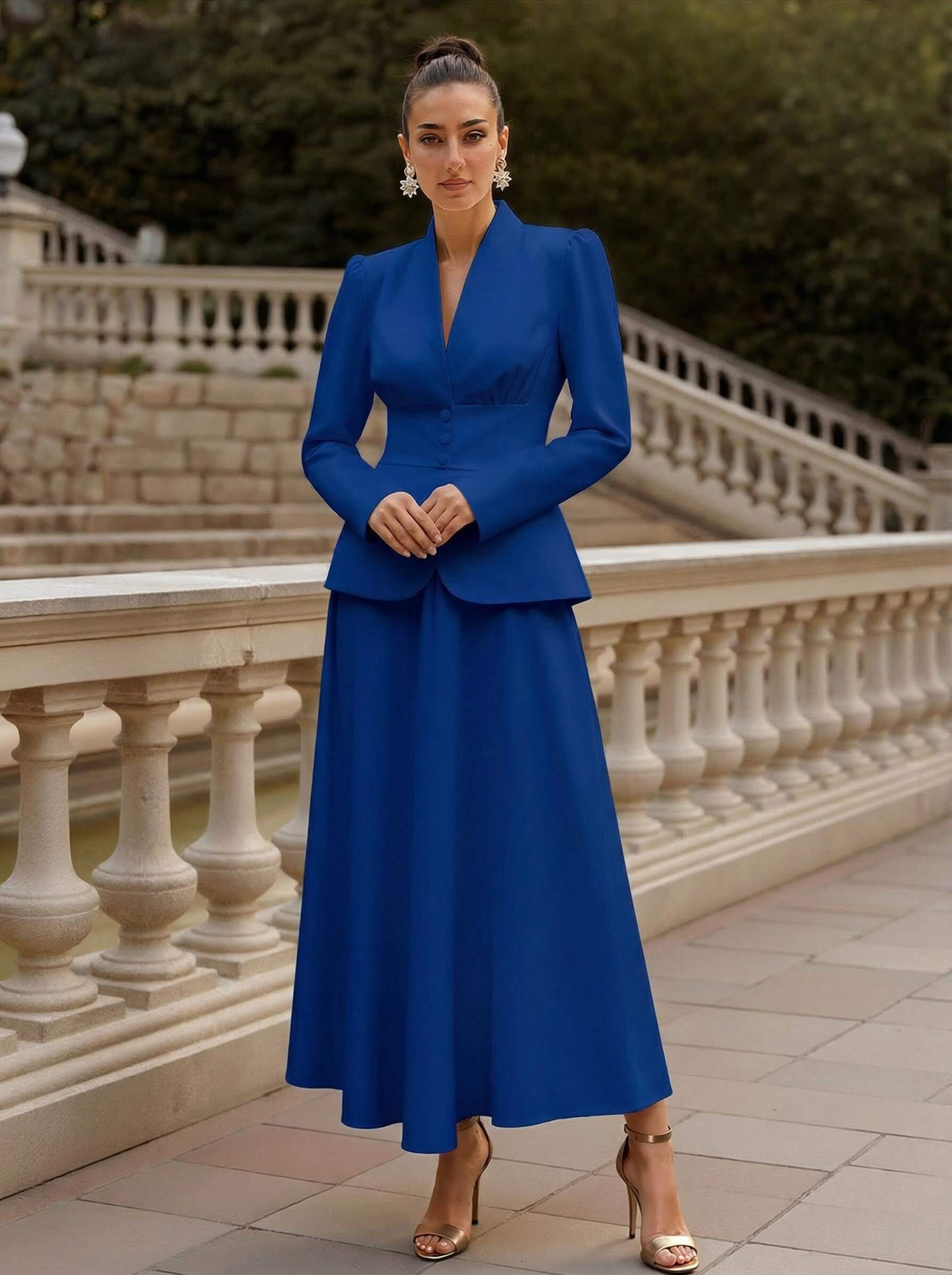 Two Pieces A-Line V-Neck Long Sleeves Ankle-Length Elastic Satin Mother Of The Bride Dresses