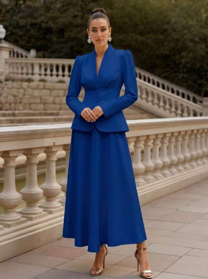 Two Pieces A-Line V-Neck Long Sleeves Ankle-Length Elastic Satin Mother Of The Bride Dresses
