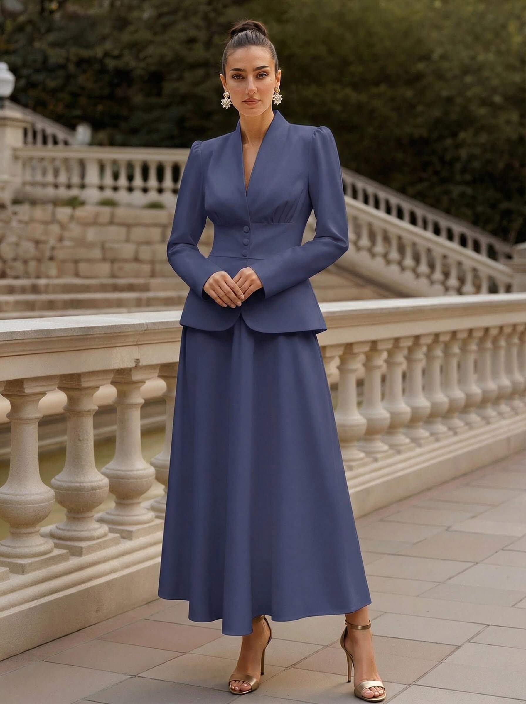 Two Pieces A-Line V-Neck Long Sleeves Ankle-Length Elastic Satin Mother Of The Bride Dresses
