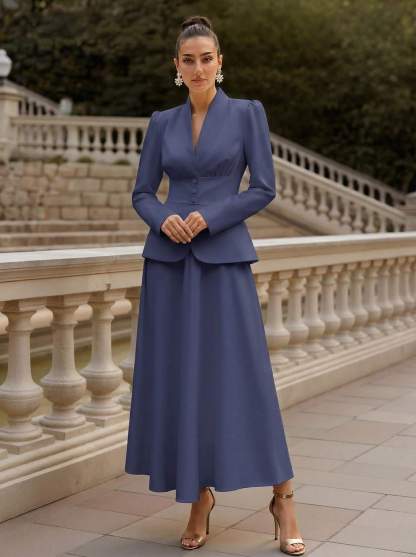Two Pieces A-Line V-Neck Long Sleeves Ankle-Length Elastic Satin Mother Of The Bride Dresses