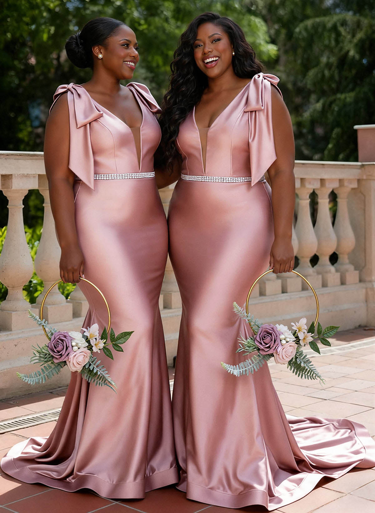 Trumpet/Mermaid Plunge Neck Sleeveless Sweep Train Charmeuse Bridesmaid Dresses