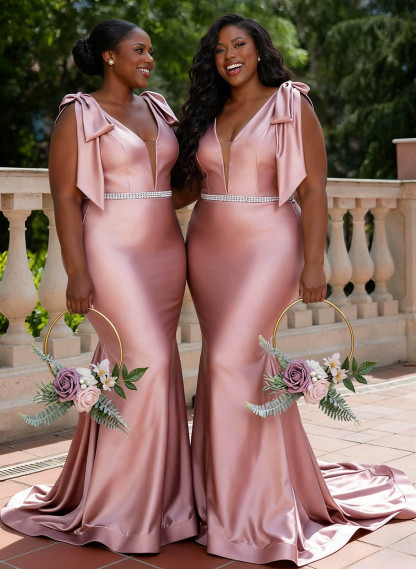 Trumpet/Mermaid Plunge Neck Sleeveless Sweep Train Charmeuse Bridesmaid Dresses
