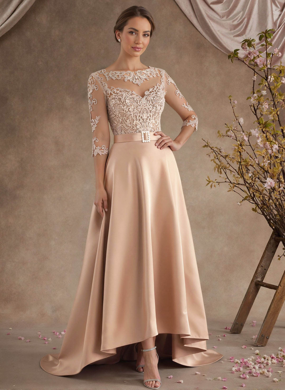 A-Line Illusion Neck 3/4 Sleeves Asymmetrical Mother Of The Bride Dresses With Appliques Lace/Sash