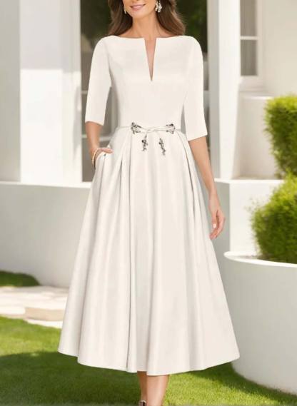 A-Line V-Neck 1/2 Sleeves Tea-Length Matte Satin Evening Dresses With Bow(s) in Ivory, US2