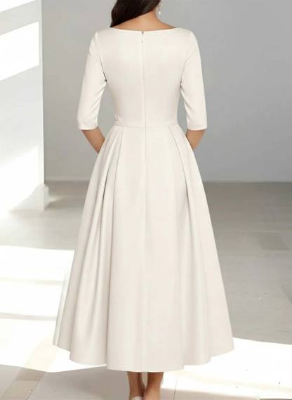 A-Line V-Neck 1/2 Sleeves Tea-Length Matte Satin Evening Dresses With Bow(s), supplier image 2