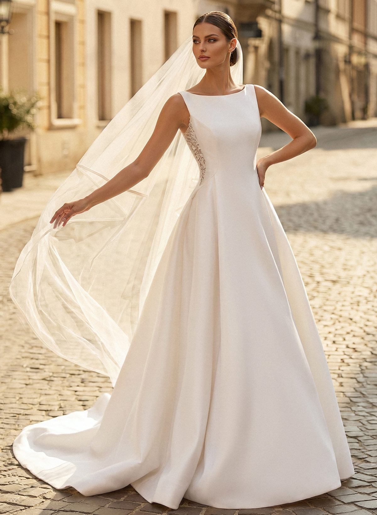 Ball-Gown Scoop Neck Sleeveless Satin Cathedral Train Wedding Dresses With Lace Bow(s), image 1