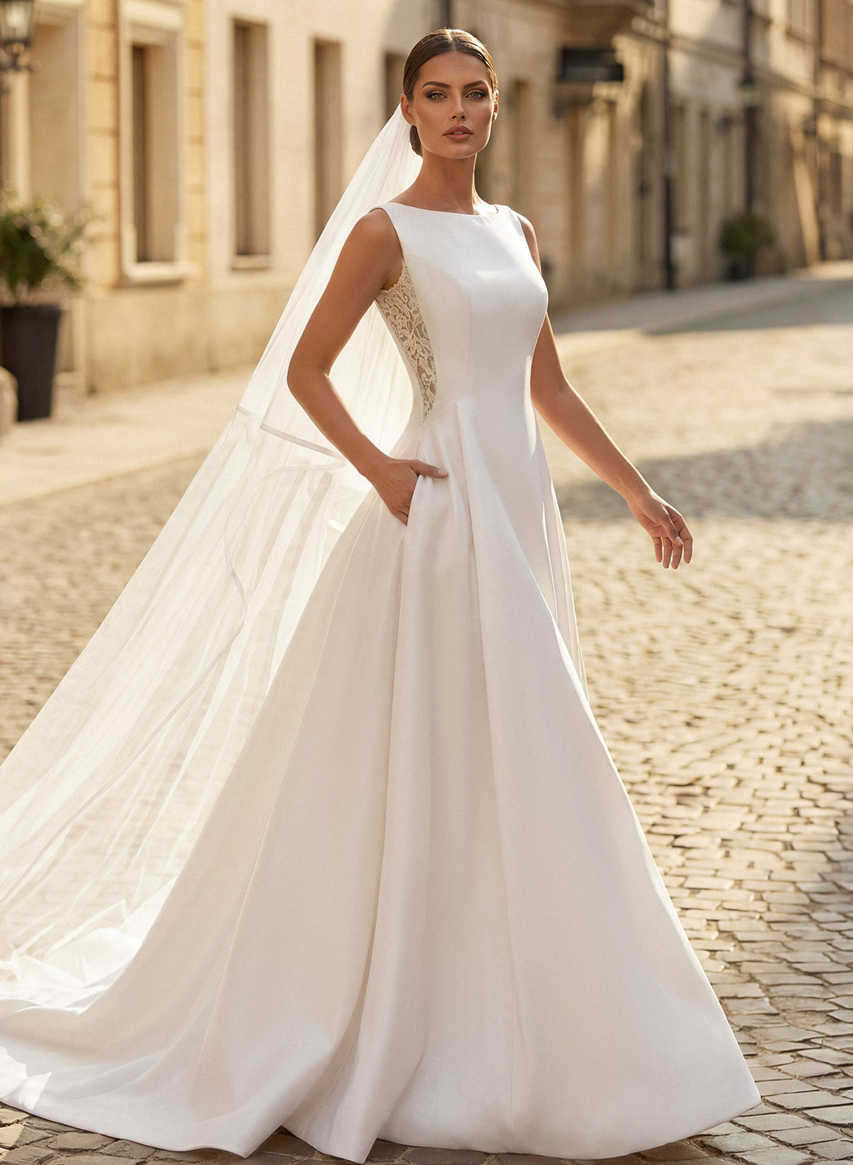 Ball-Gown Scoop Neck Sleeveless Satin Cathedral Train Wedding Dresses With Lace Bow(s), image 2