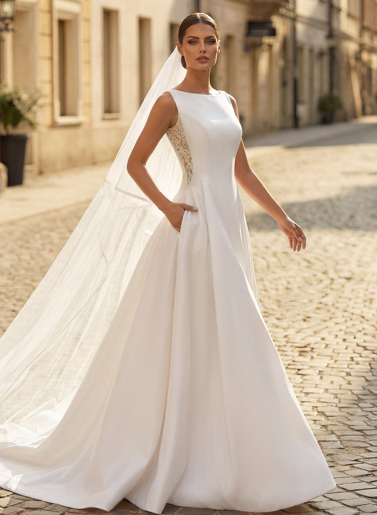 Ball-Gown Scoop Neck Sleeveless Satin Cathedral Train Wedding Dresses With Lace Bow(s), image 2