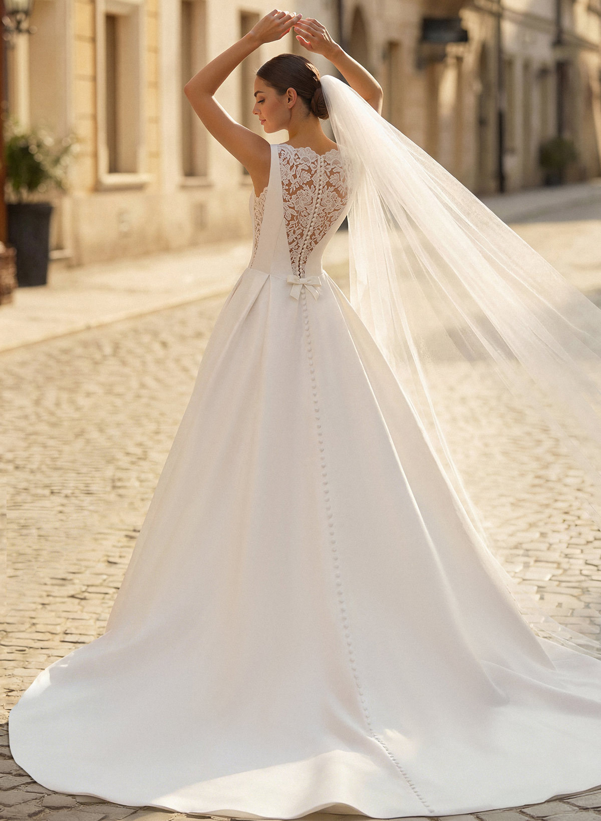 Ball-Gown Scoop Neck Sleeveless Satin Cathedral Train Wedding Dresses With Lace Bow(s), image 3