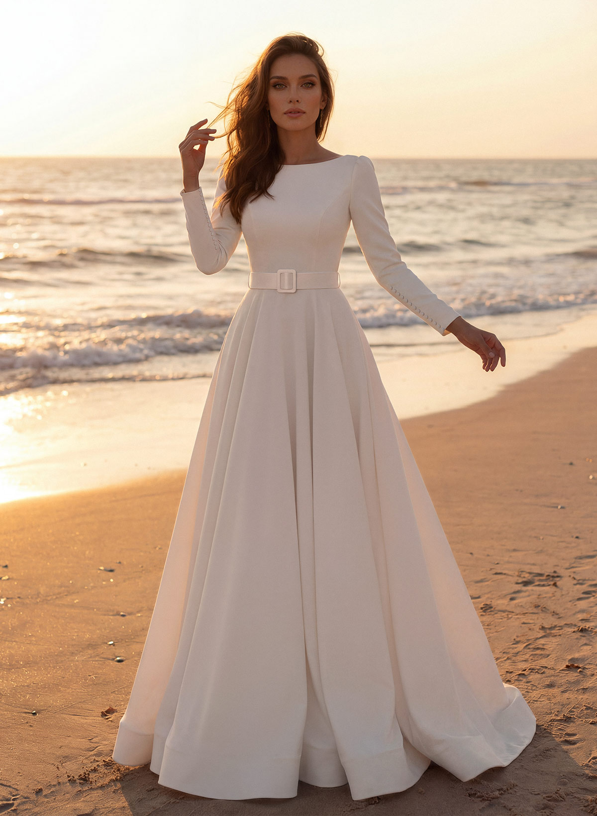 Elegant Simple Long Sleeves Satin Wedding Dresses With A-Line, product image 1