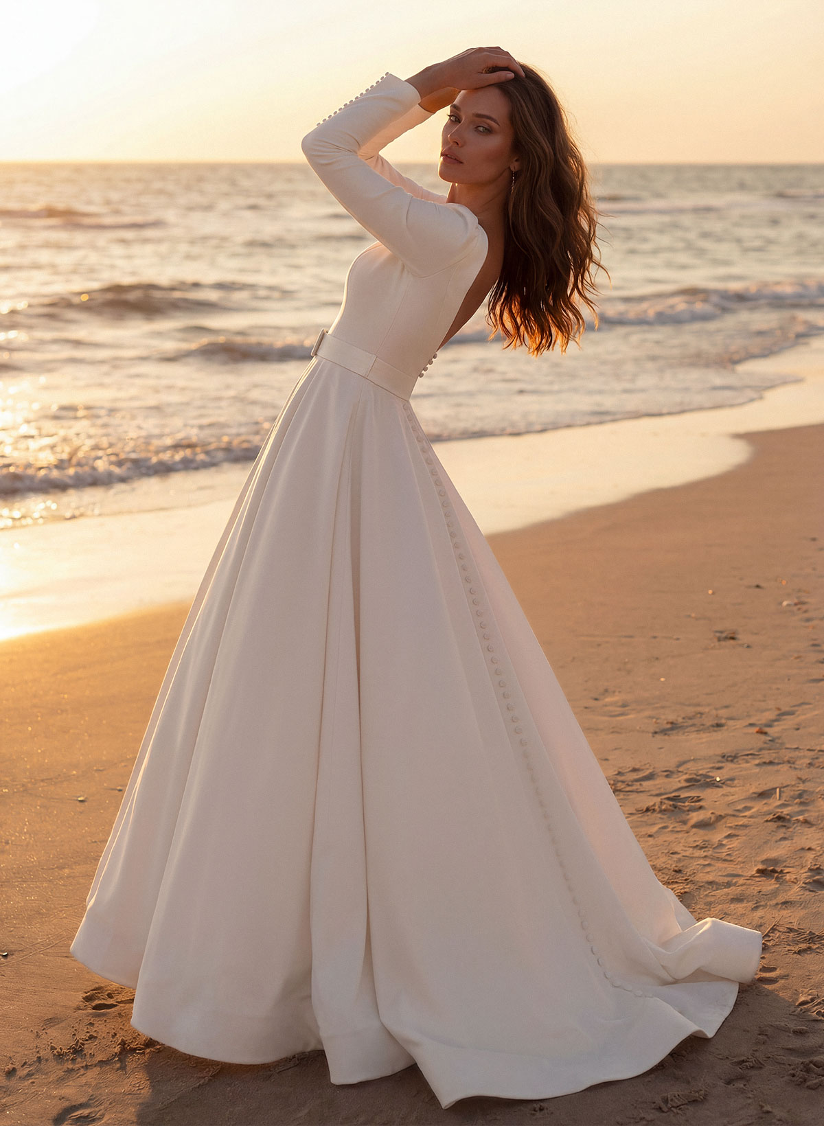 Elegant Simple Long Sleeves Satin Wedding Dresses With A-Line, product image 2