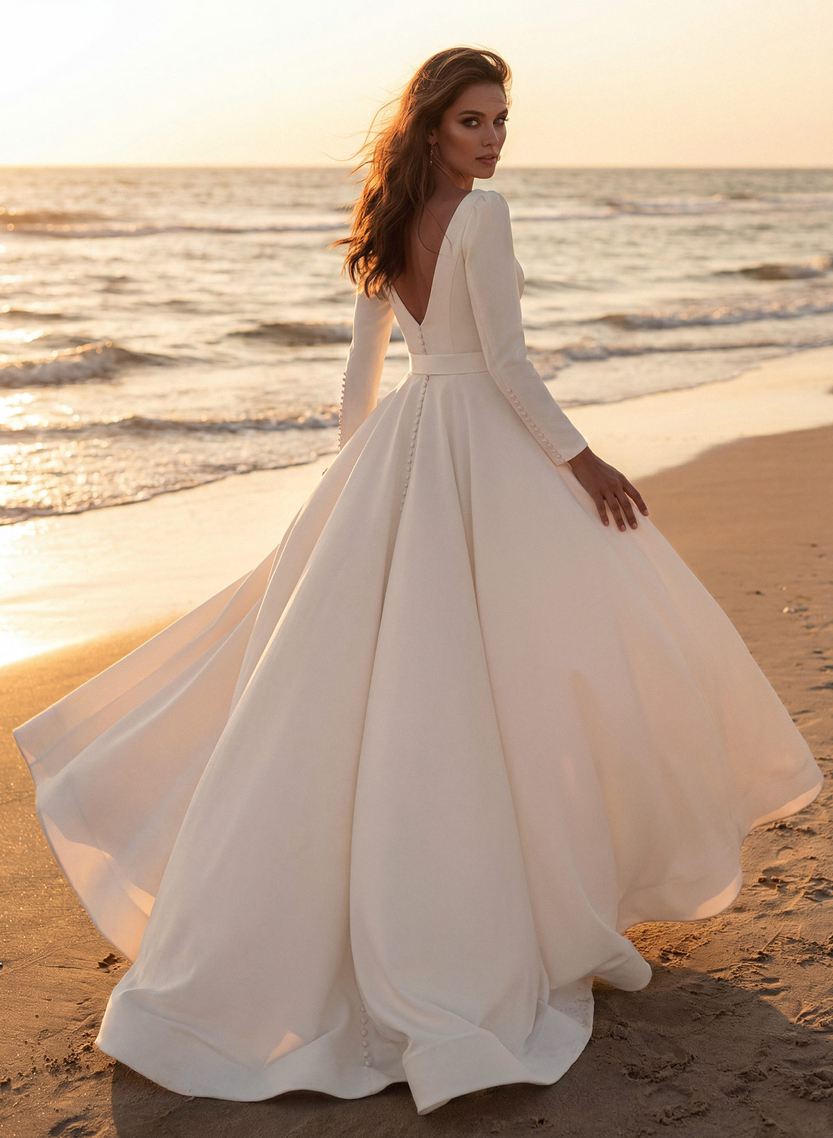Elegant Simple Long Sleeves Satin Wedding Dresses With A-Line, product image 3