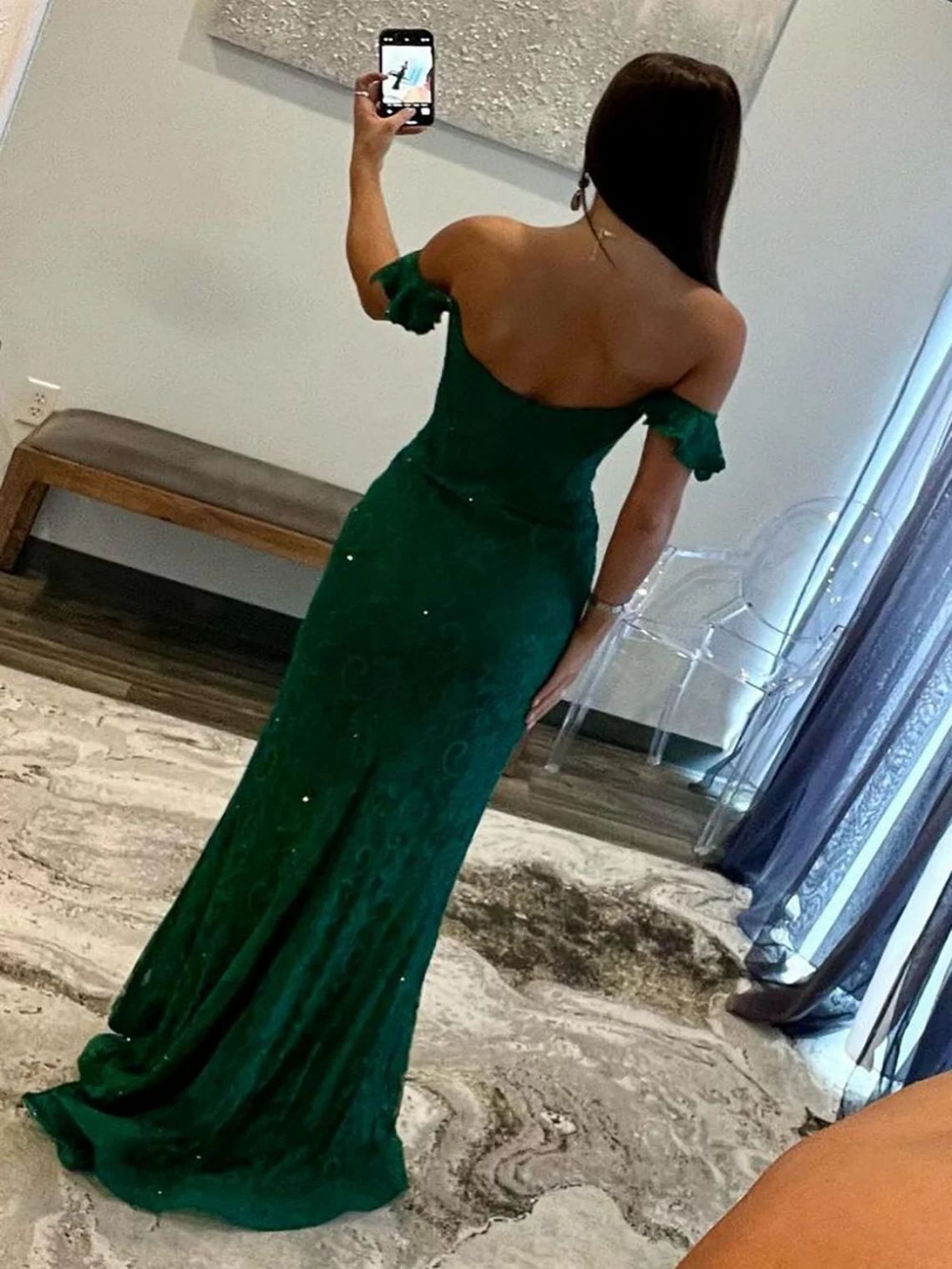 Mermaid Dark Green Sequin Off The Shoulder Sweep Train Prom Dress