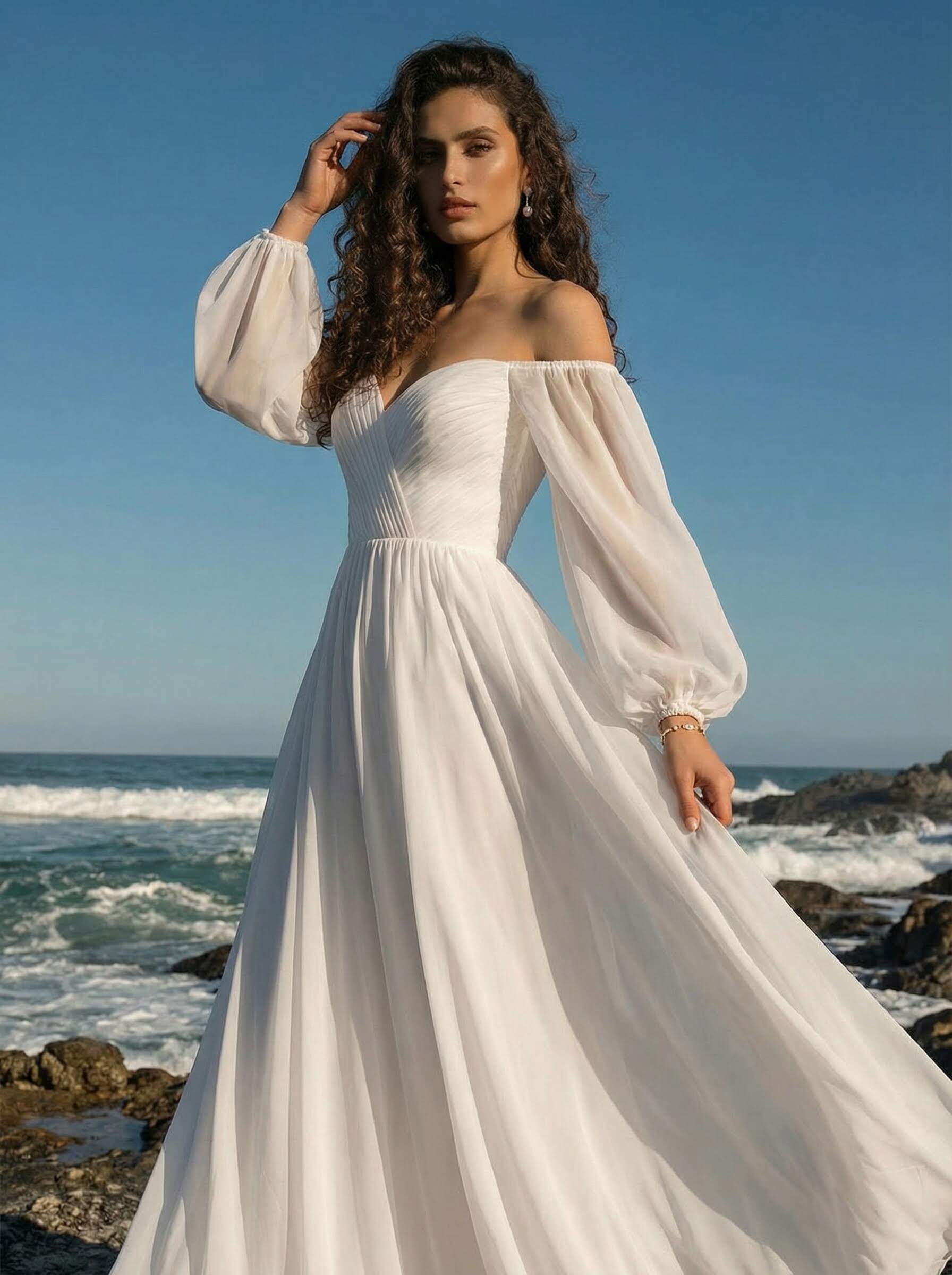 A-Line Off-The-Shoulder Long Sleeves Chiffon Floor-Length Wedding Dresses, product image 2