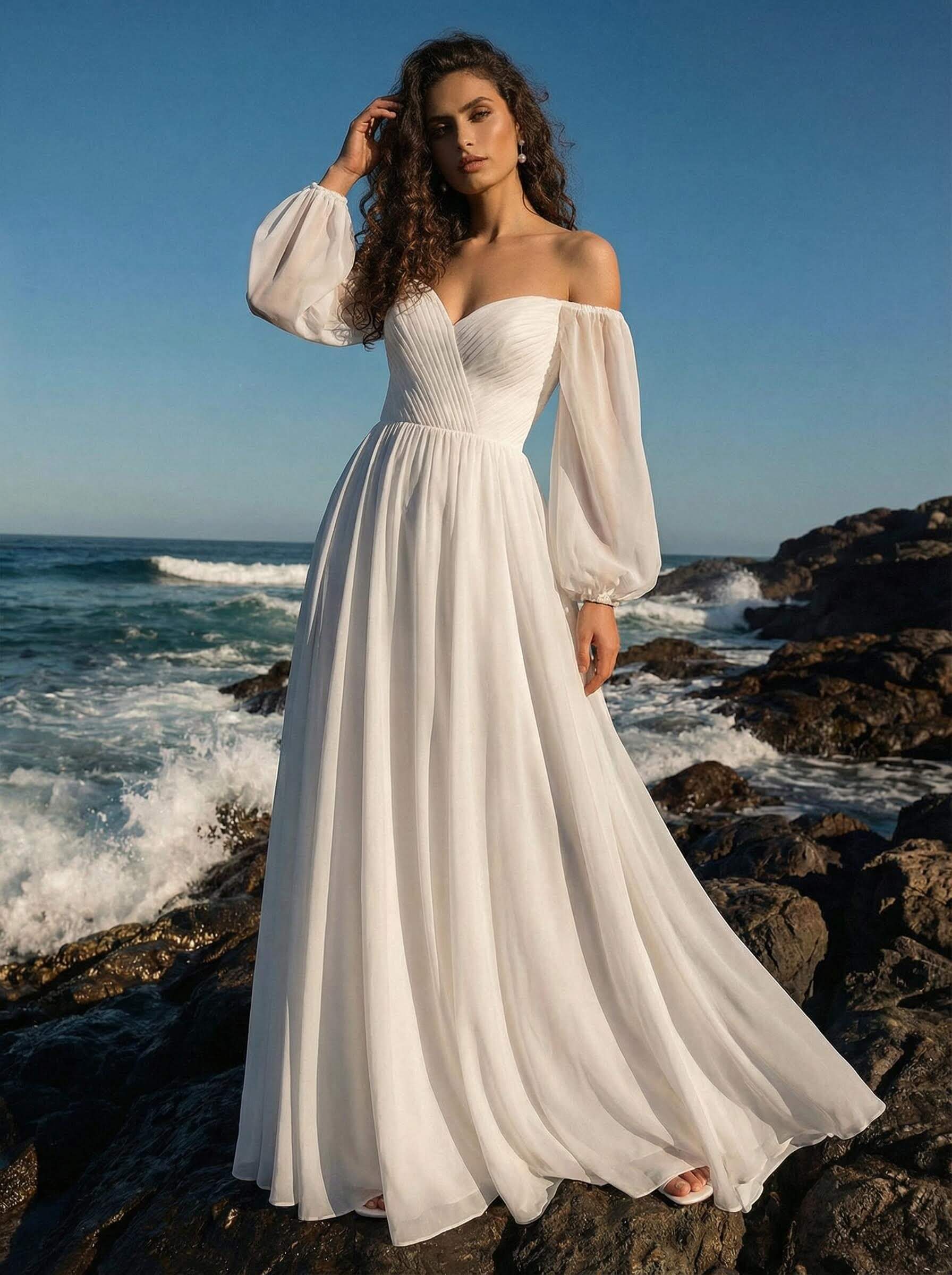 A-Line Off-The-Shoulder Long Sleeves Chiffon Floor-Length Wedding Dresses, product image 1