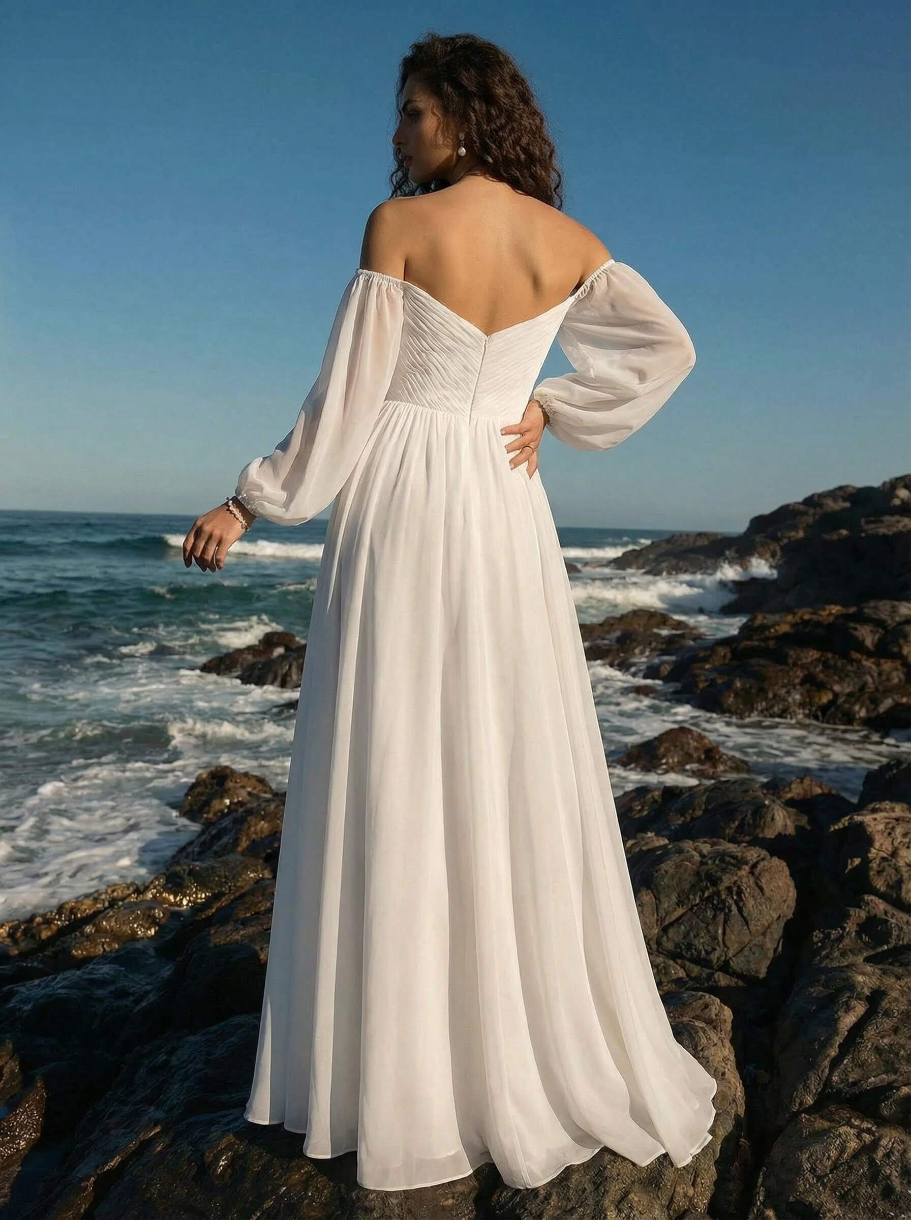 A-Line Off-The-Shoulder Long Sleeves Chiffon Floor-Length Wedding Dresses, product image 3