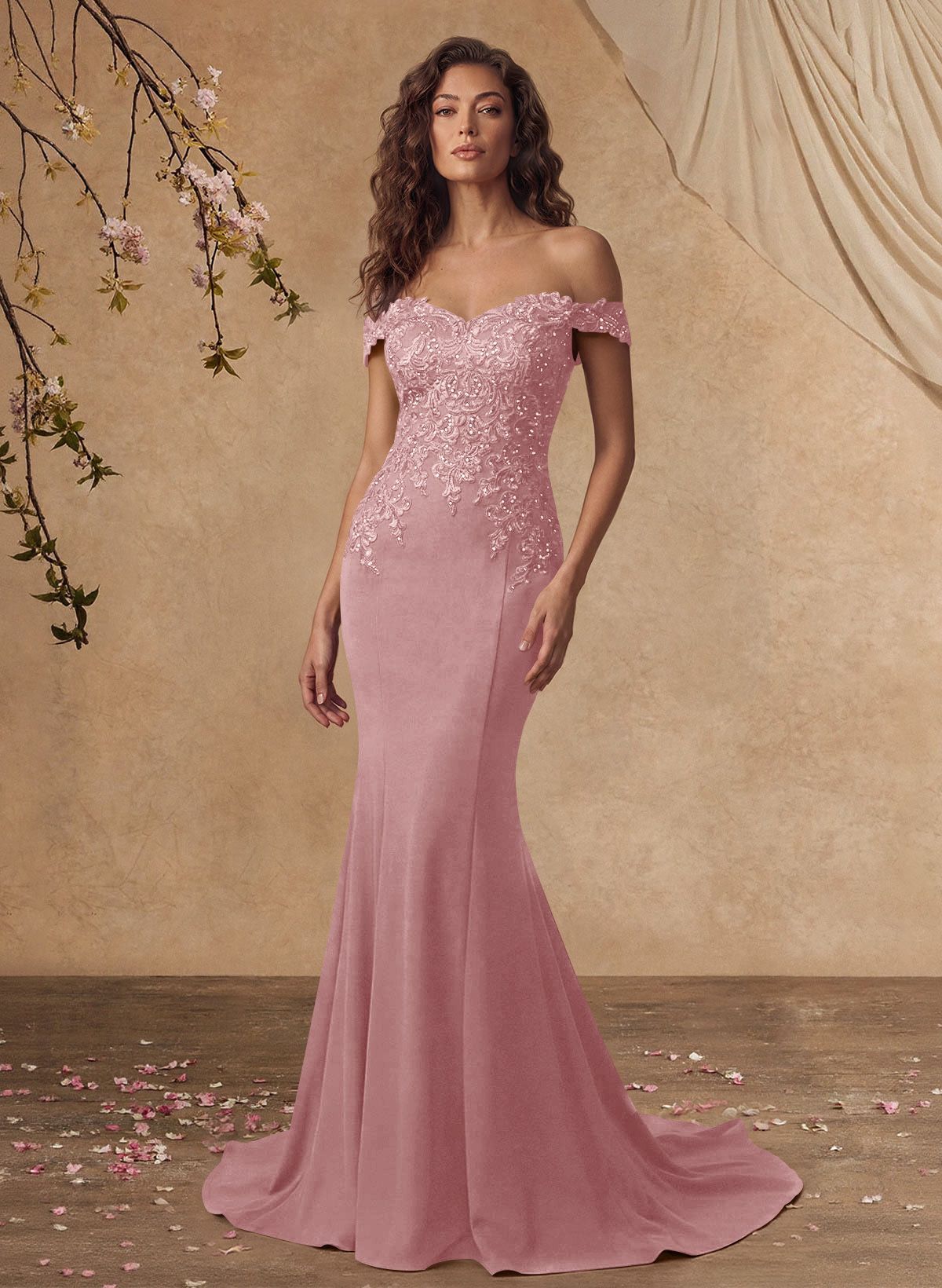 Off-The-Shoulder Elegant Elastic Satin Mother Of The Bride Dresses With Beaded Applique