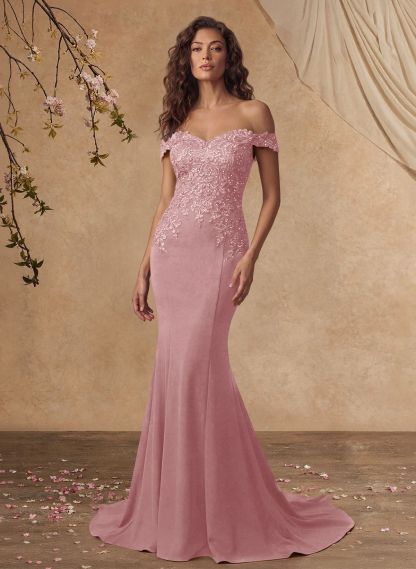 Off-The-Shoulder Elegant Elastic Satin Mother Of The Bride Dresses With Beaded Applique