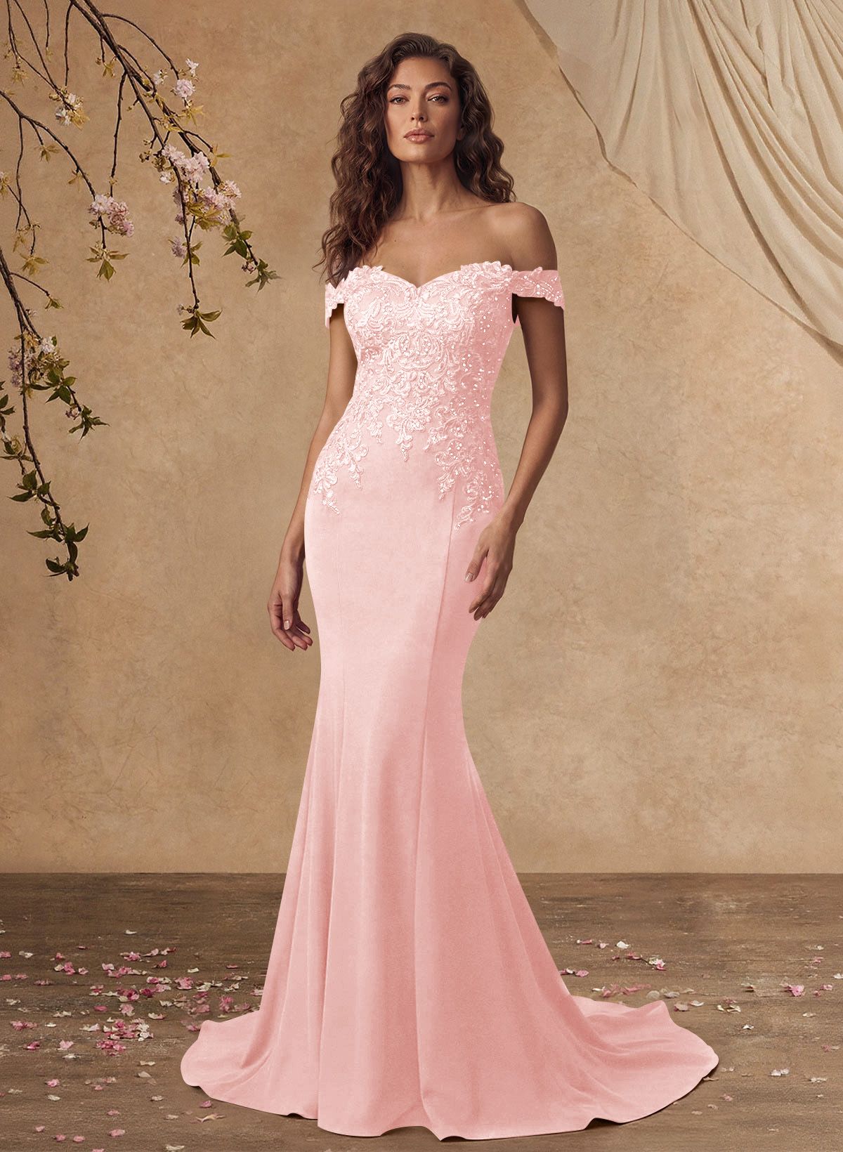 Off-The-Shoulder Elegant Elastic Satin Mother Of The Bride Dresses With Beaded Applique
