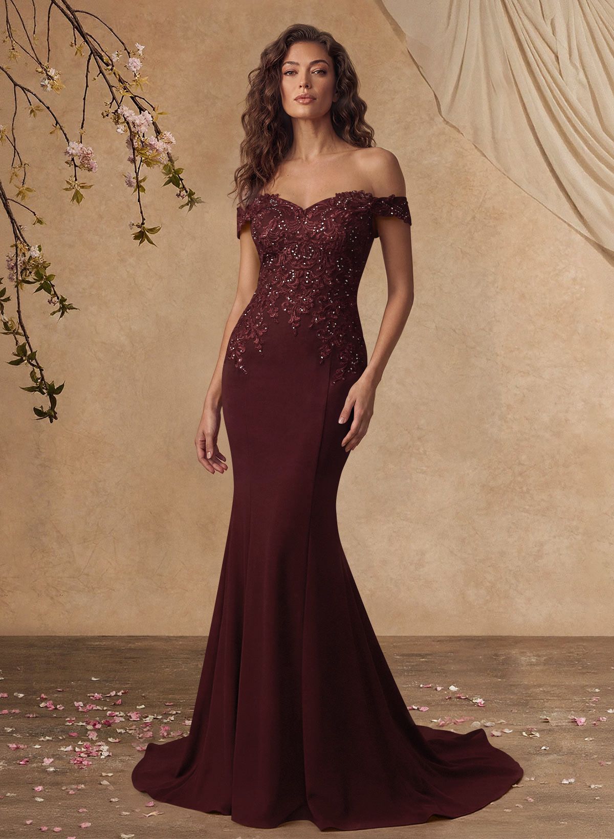 Off-The-Shoulder Elegant Elastic Satin Mother Of The Bride Dresses With Beaded Applique