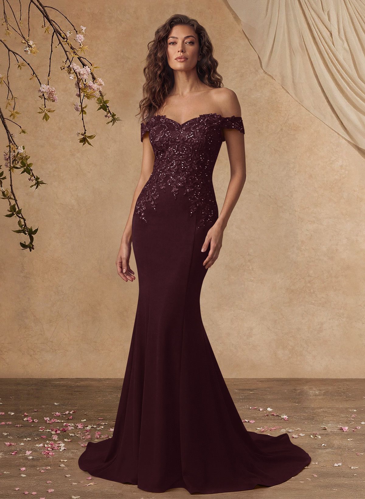Off-The-Shoulder Elegant Elastic Satin Mother Of The Bride Dresses With Beaded Applique