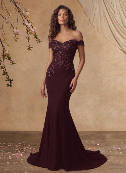 Off-The-Shoulder Elegant Elastic Satin Mother Of The Bride Dresses With Beaded Applique