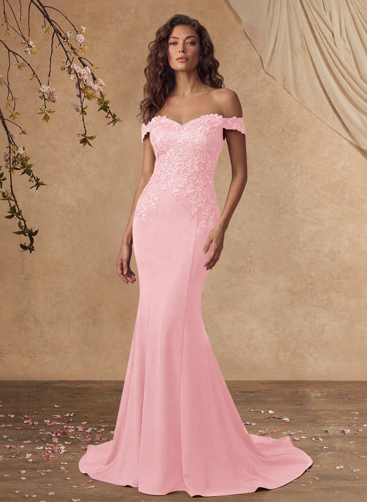 Off-The-Shoulder Elegant Elastic Satin Mother Of The Bride Dresses With Beaded Applique