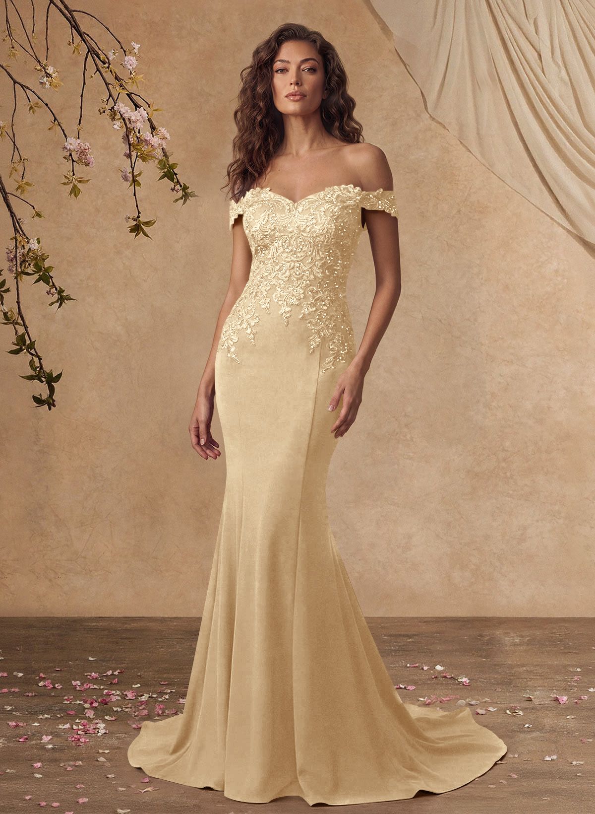 Off-The-Shoulder Elegant Elastic Satin Mother Of The Bride Dresses With Beaded Applique