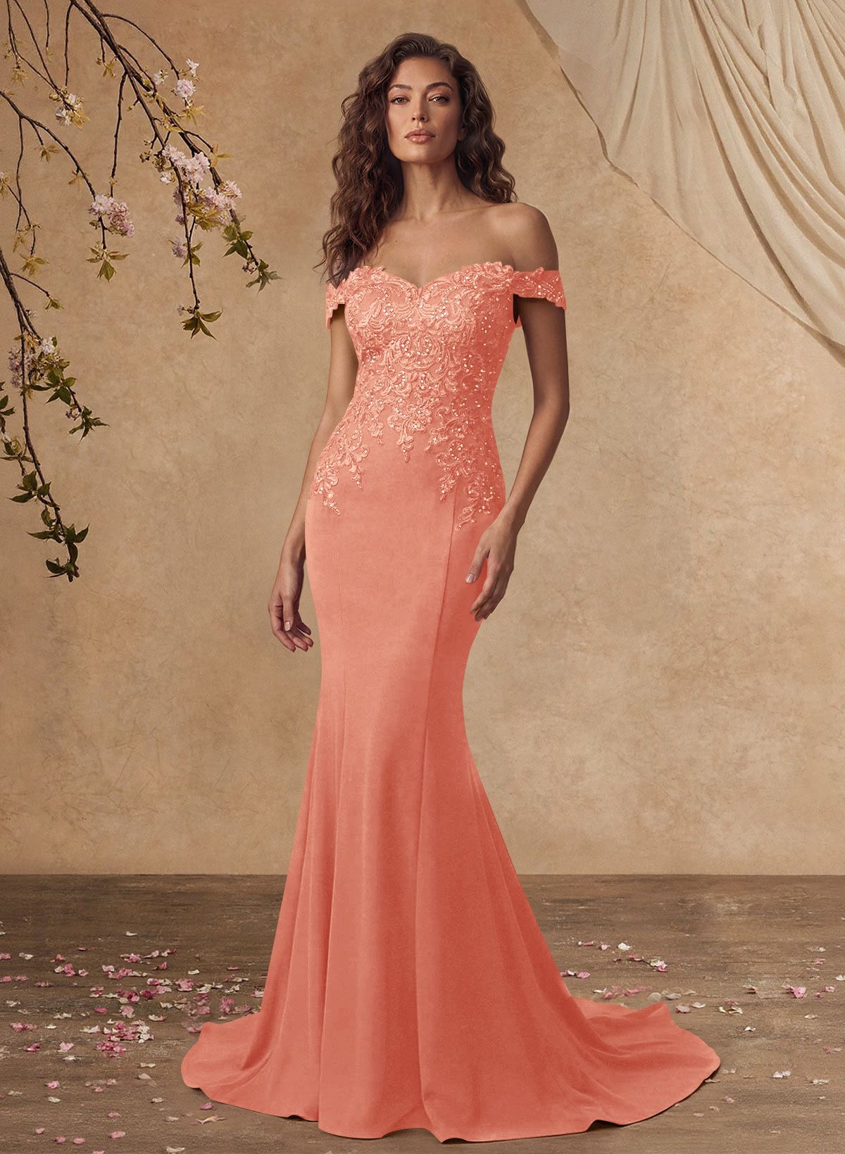 Off-The-Shoulder Elegant Elastic Satin Mother Of The Bride Dresses With Beaded Applique