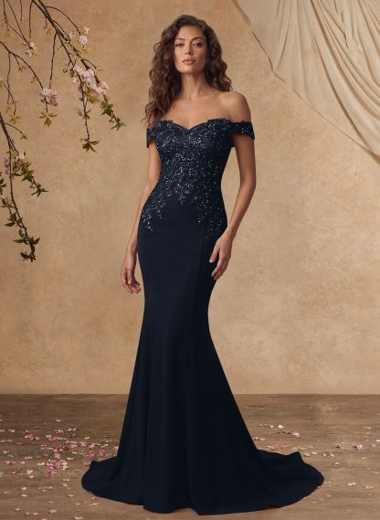 Off-The-Shoulder Elegant Elastic Satin Mother Of The Bride Dresses With Beaded Applique