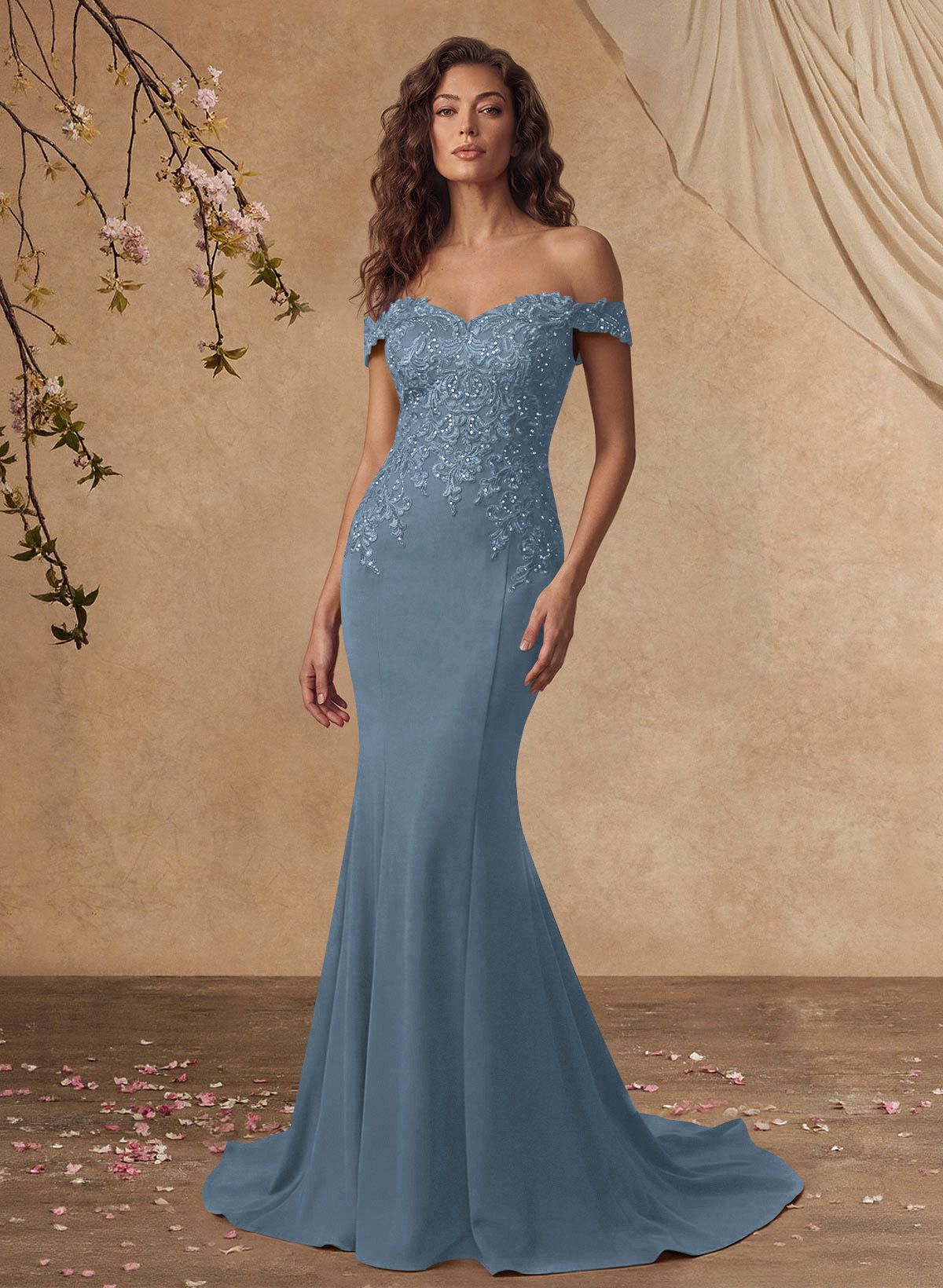 Off-The-Shoulder Elegant Elastic Satin Mother Of The Bride Dresses With Beaded Applique