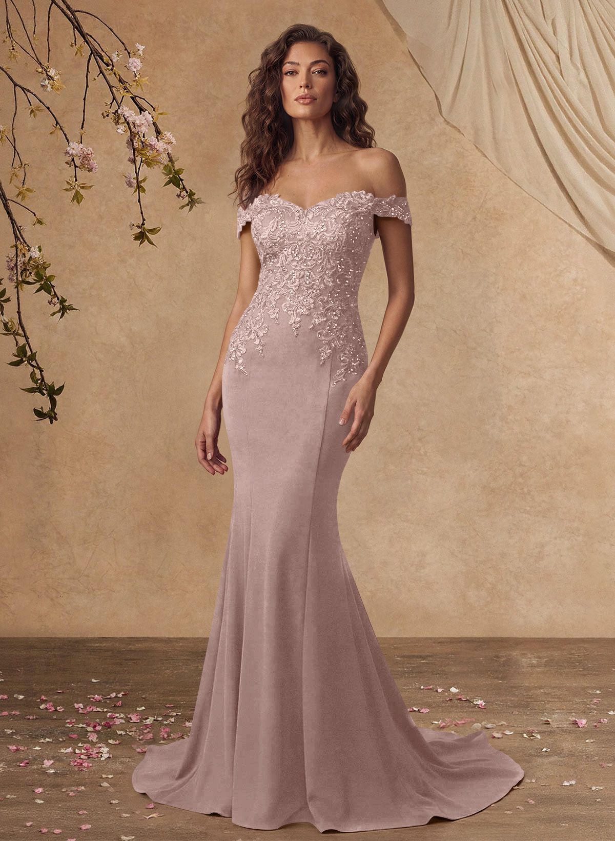Off-The-Shoulder Elegant Elastic Satin Mother Of The Bride Dresses With Beaded Applique
