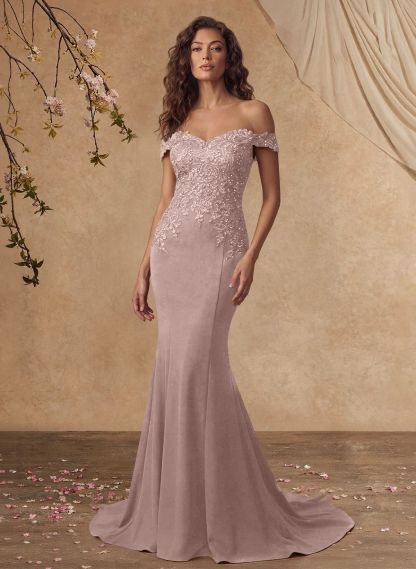 Off-The-Shoulder Elegant Elastic Satin Mother Of The Bride Dresses With Beaded Applique