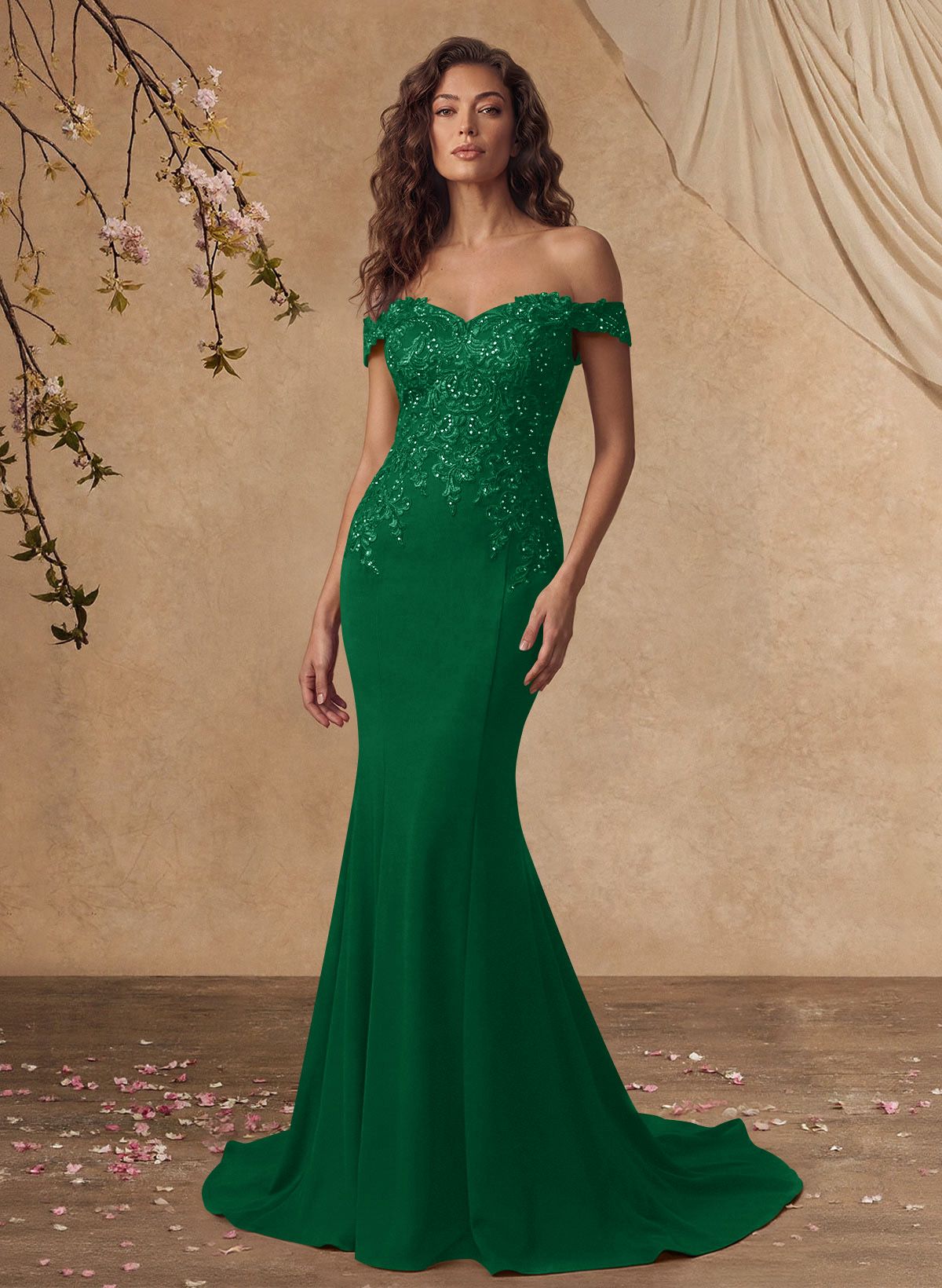 Off-The-Shoulder Elegant Elastic Satin Mother Of The Bride Dresses With Beaded Applique