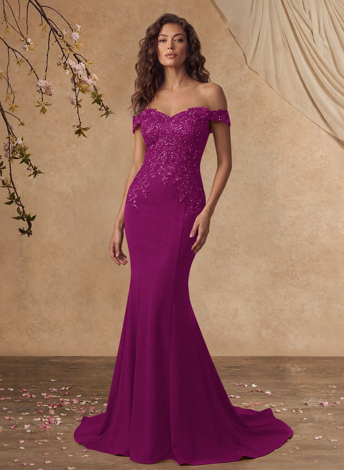 Off-The-Shoulder Elegant Elastic Satin Mother Of The Bride Dresses With Beaded Applique