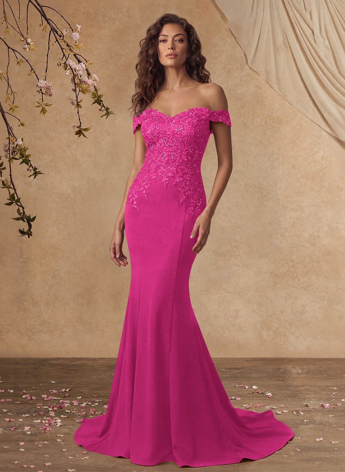 Off-The-Shoulder Elegant Elastic Satin Mother Of The Bride Dresses With Beaded Applique