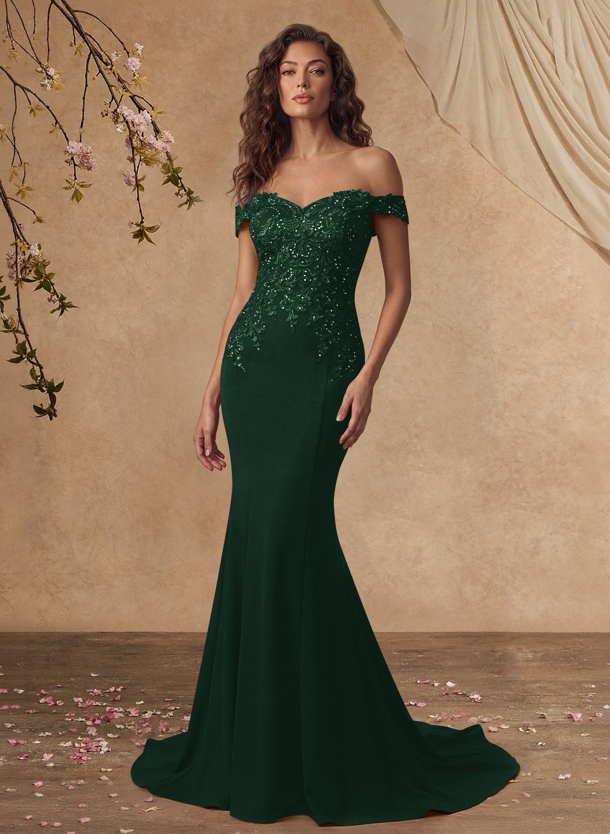 Off-The-Shoulder Elegant Elastic Satin Mother Of The Bride Dresses With Beaded Applique