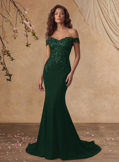 Off-The-Shoulder Elegant Elastic Satin Mother Of The Bride Dresses With Beaded Applique