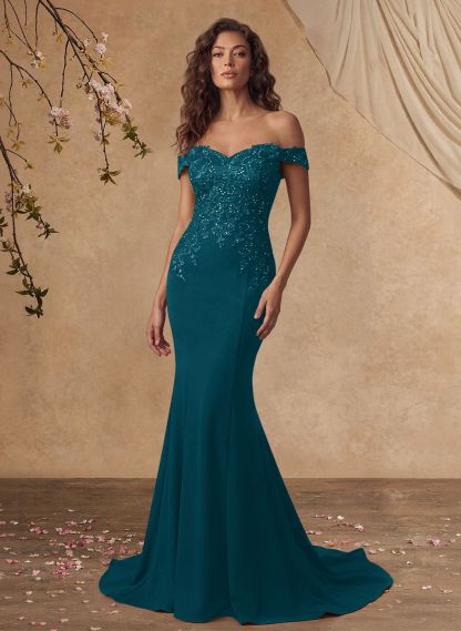 Off-The-Shoulder Elegant Elastic Satin Mother Of The Bride Dresses With Beaded Applique