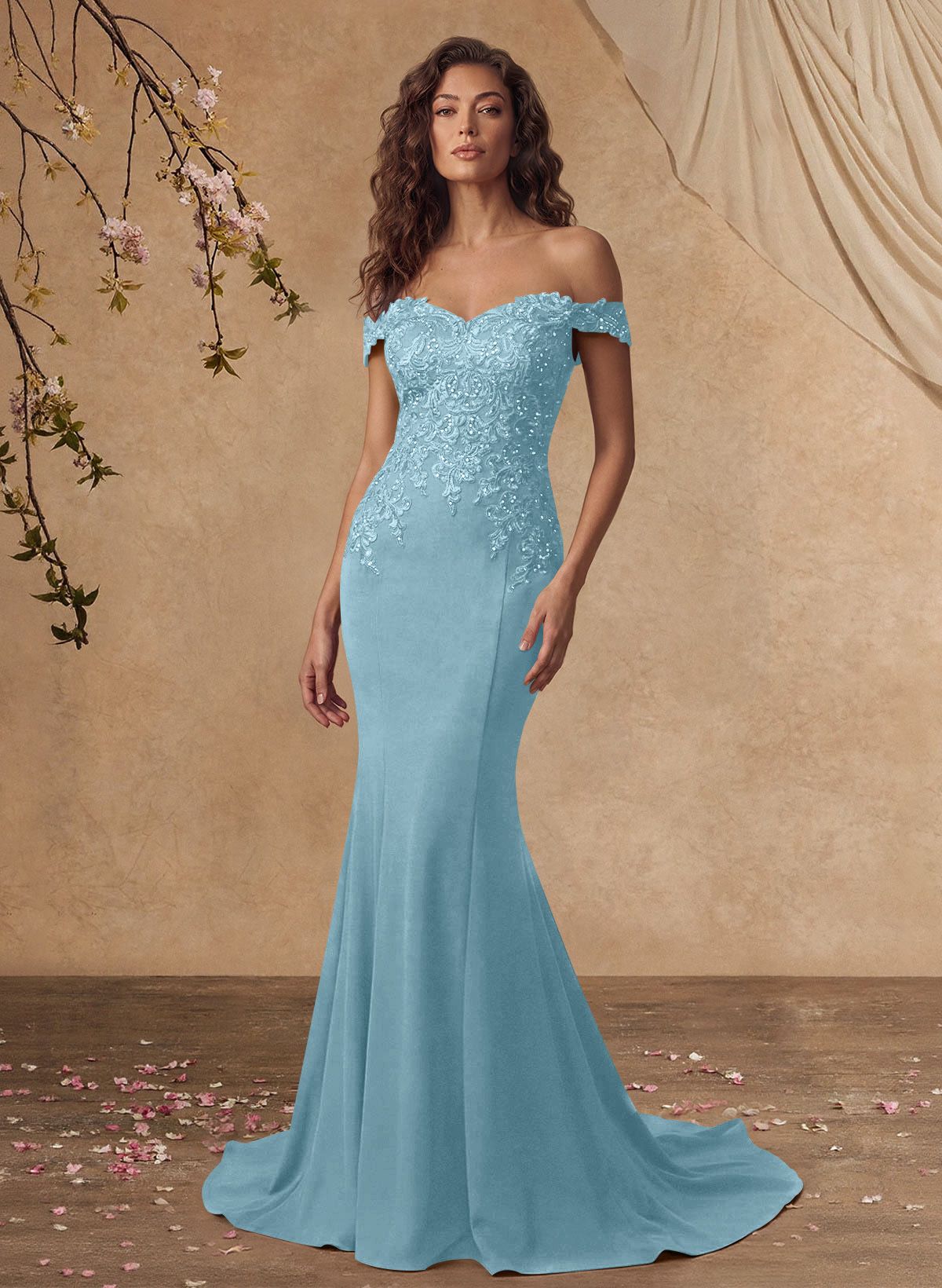 Off-The-Shoulder Elegant Elastic Satin Mother Of The Bride Dresses With Beaded Applique