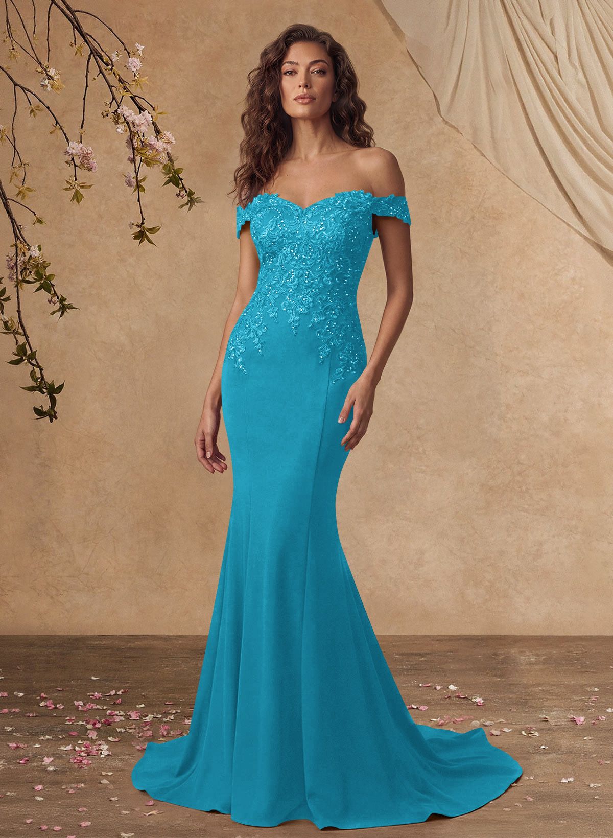 Off-The-Shoulder Elegant Elastic Satin Mother Of The Bride Dresses With Beaded Applique