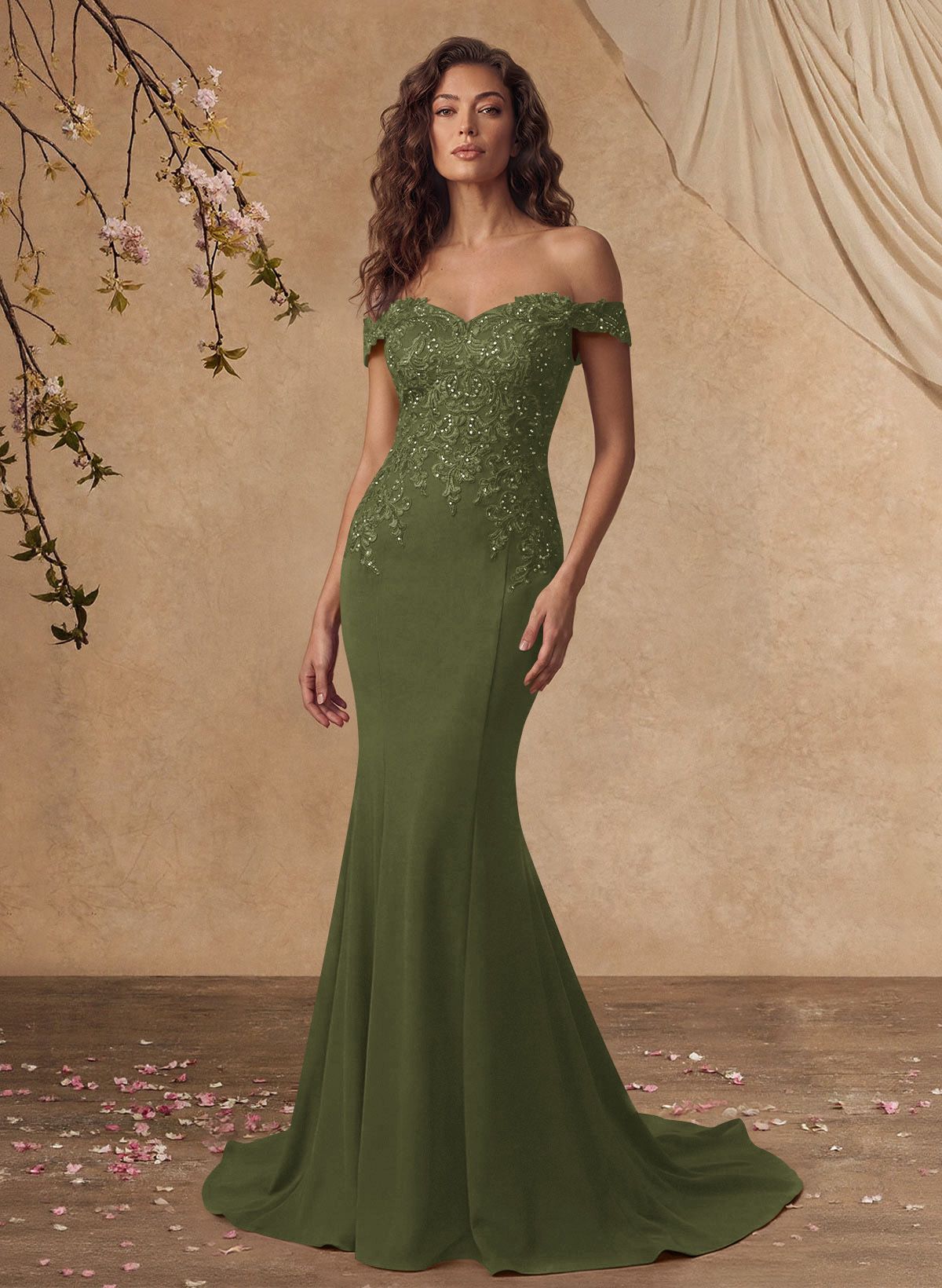 Off-The-Shoulder Elegant Elastic Satin Mother Of The Bride Dresses With Beaded Applique