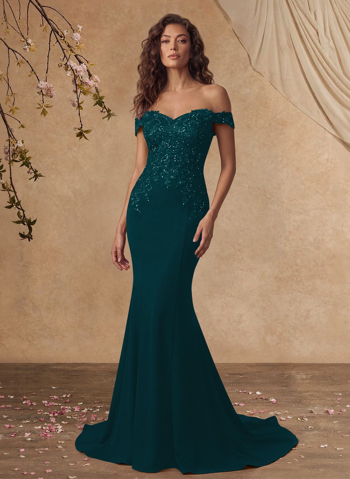 Off-The-Shoulder Elegant Elastic Satin Mother Of The Bride Dresses With Beaded Applique