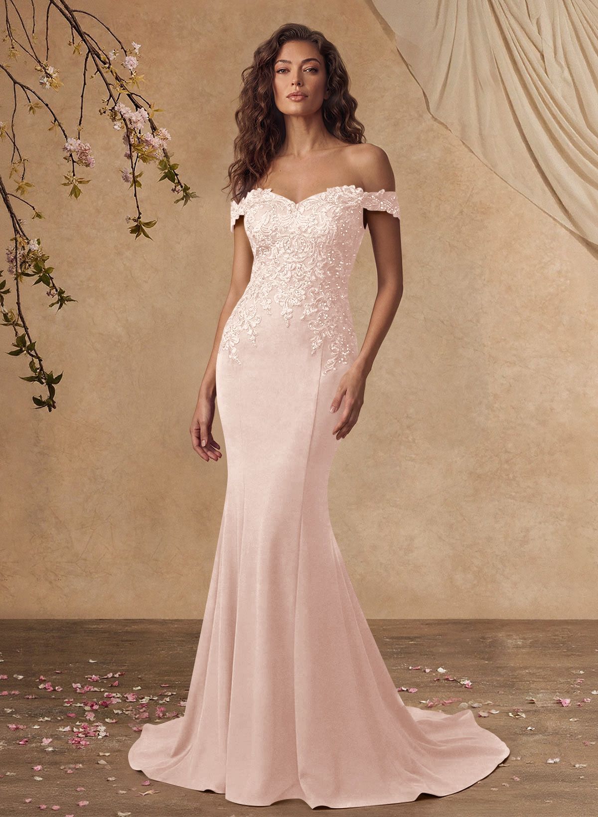 Off-The-Shoulder Elegant Elastic Satin Mother Of The Bride Dresses With Beaded Applique