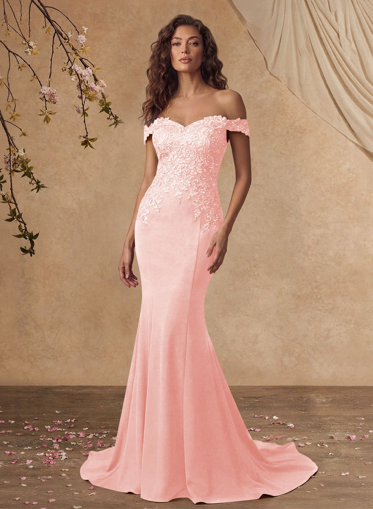 Off-The-Shoulder Elegant Elastic Satin Mother Of The Bride Dresses With Beaded Applique