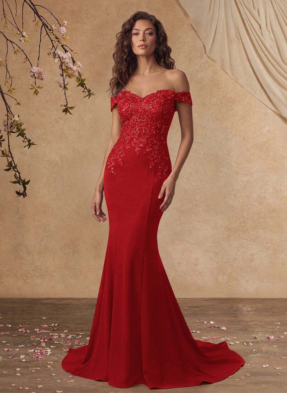 Off-The-Shoulder Elegant Elastic Satin Mother Of The Bride Dresses With Beaded Applique
