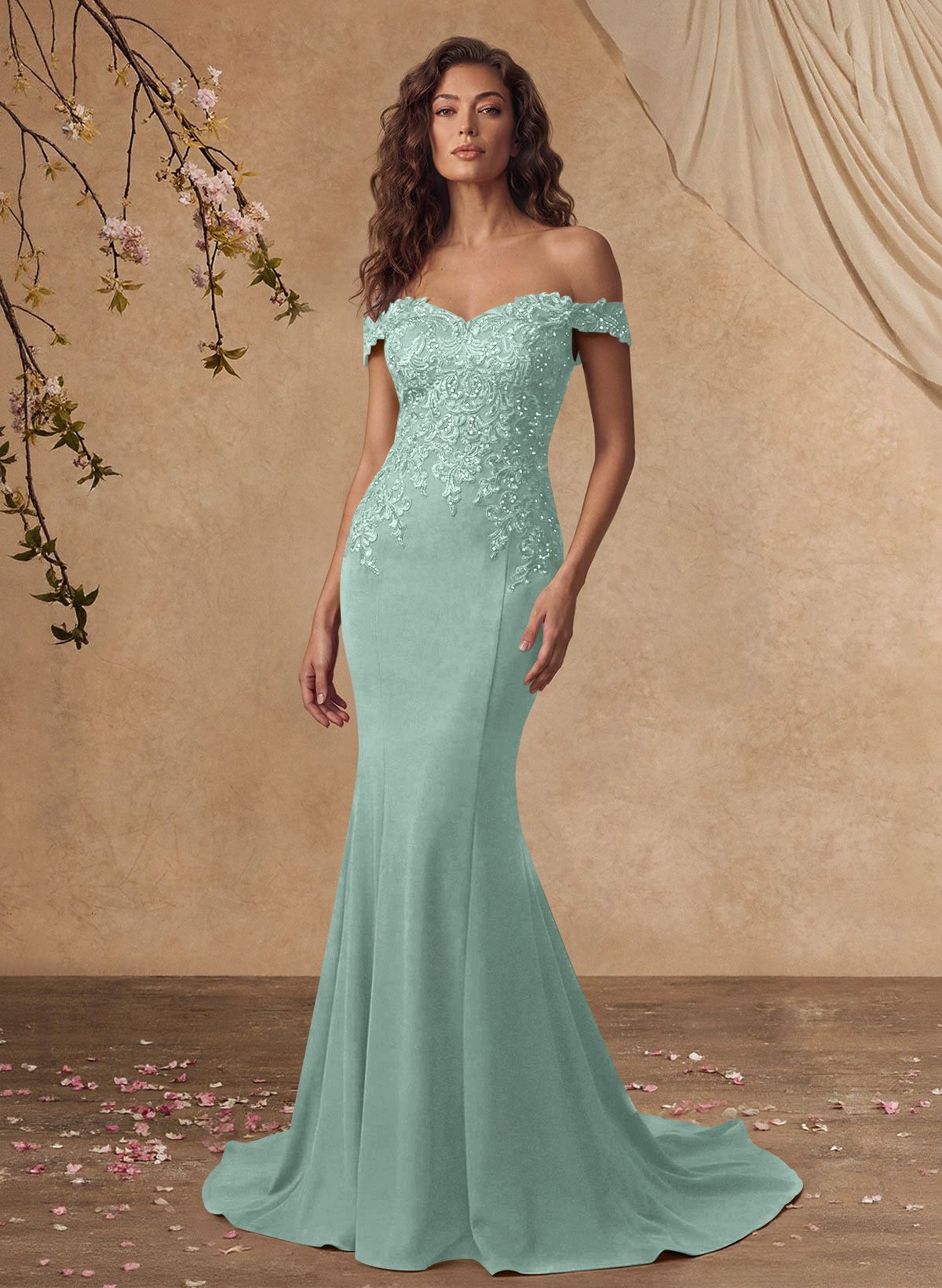 Off-The-Shoulder Elegant Elastic Satin Mother Of The Bride Dresses With Beaded Applique