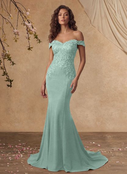 Off-The-Shoulder Elegant Elastic Satin Mother Of The Bride Dresses With Beaded Applique