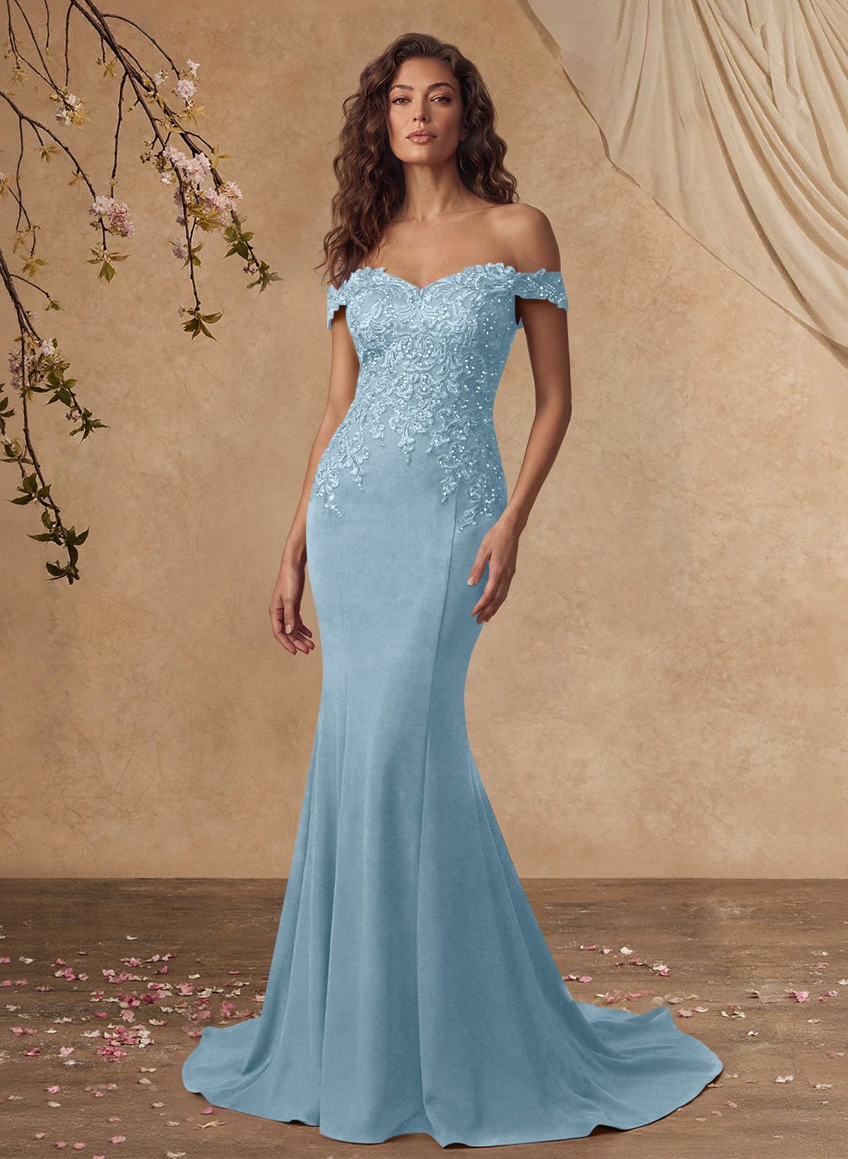 Off-The-Shoulder Elegant Elastic Satin Mother Of The Bride Dresses With Beaded Applique