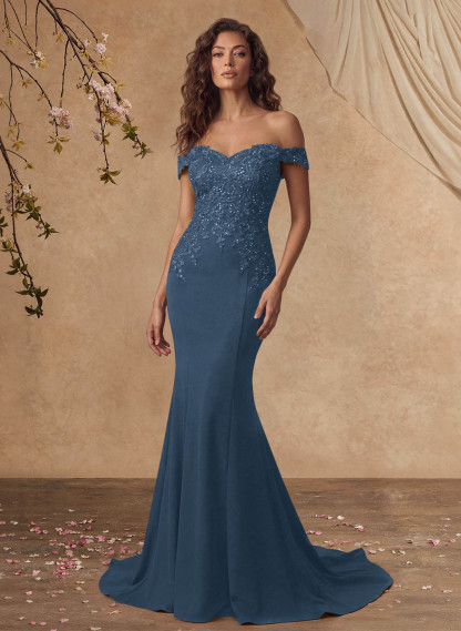 Off-The-Shoulder Elegant Elastic Satin Mother Of The Bride Dresses With Beaded Applique